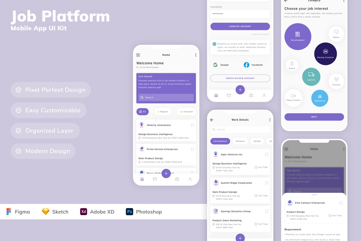 工作平台移动应用APP UI KIT (SKETCH,FIG,XD,PSD)