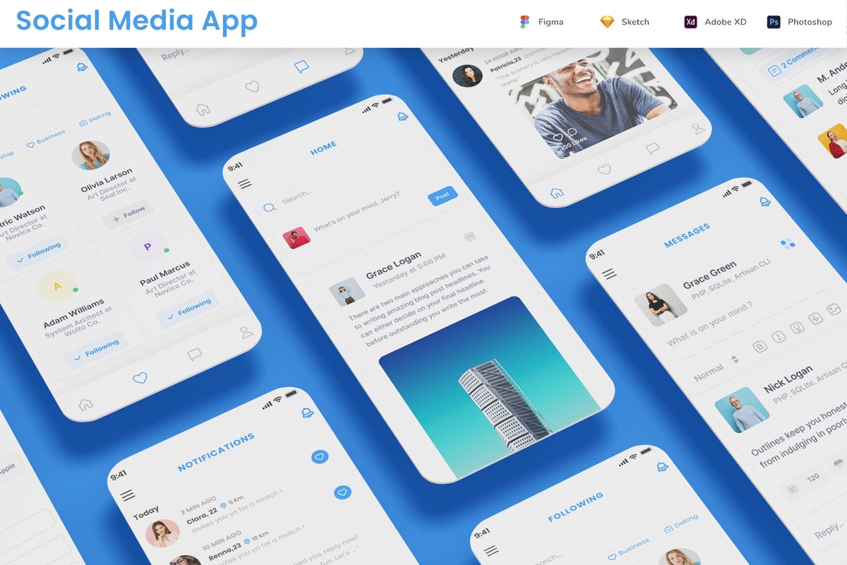 社交媒体，关注者，消息和社区应用APP UI KIT (FIG,XD,SKETCH,PSD)