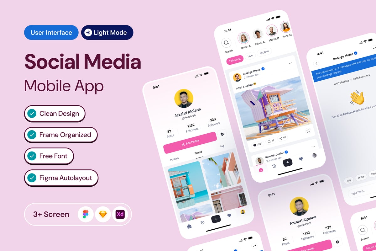 社交媒体移动应用APP UI KIT (FIG,XD,SKETCH)