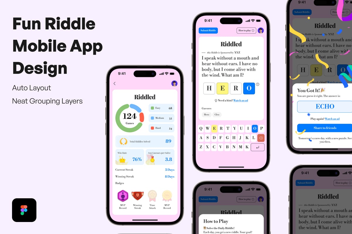 有趣的谜语移动应用APP UI KIT (FIG)