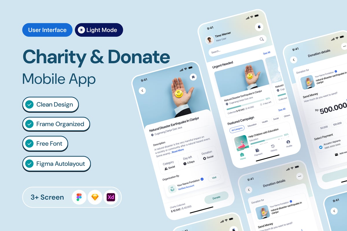 慈善与捐赠移动应用APP UI KIT (FIG,XD,SKETCH)