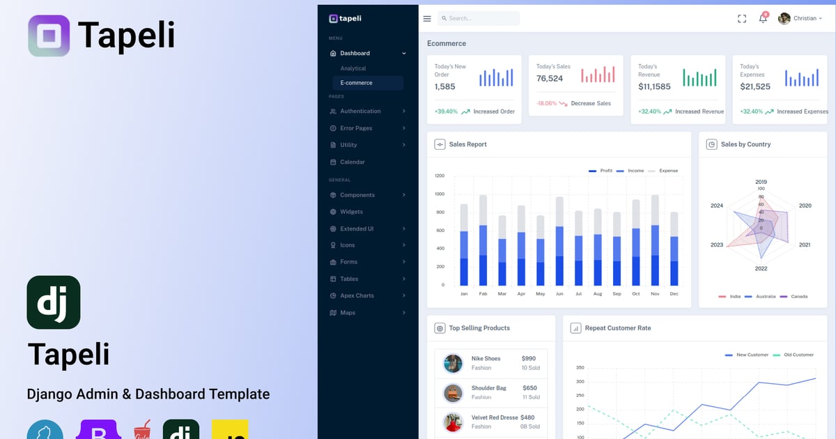Tapeli – Django 和 HTML 管理仪表板模板
