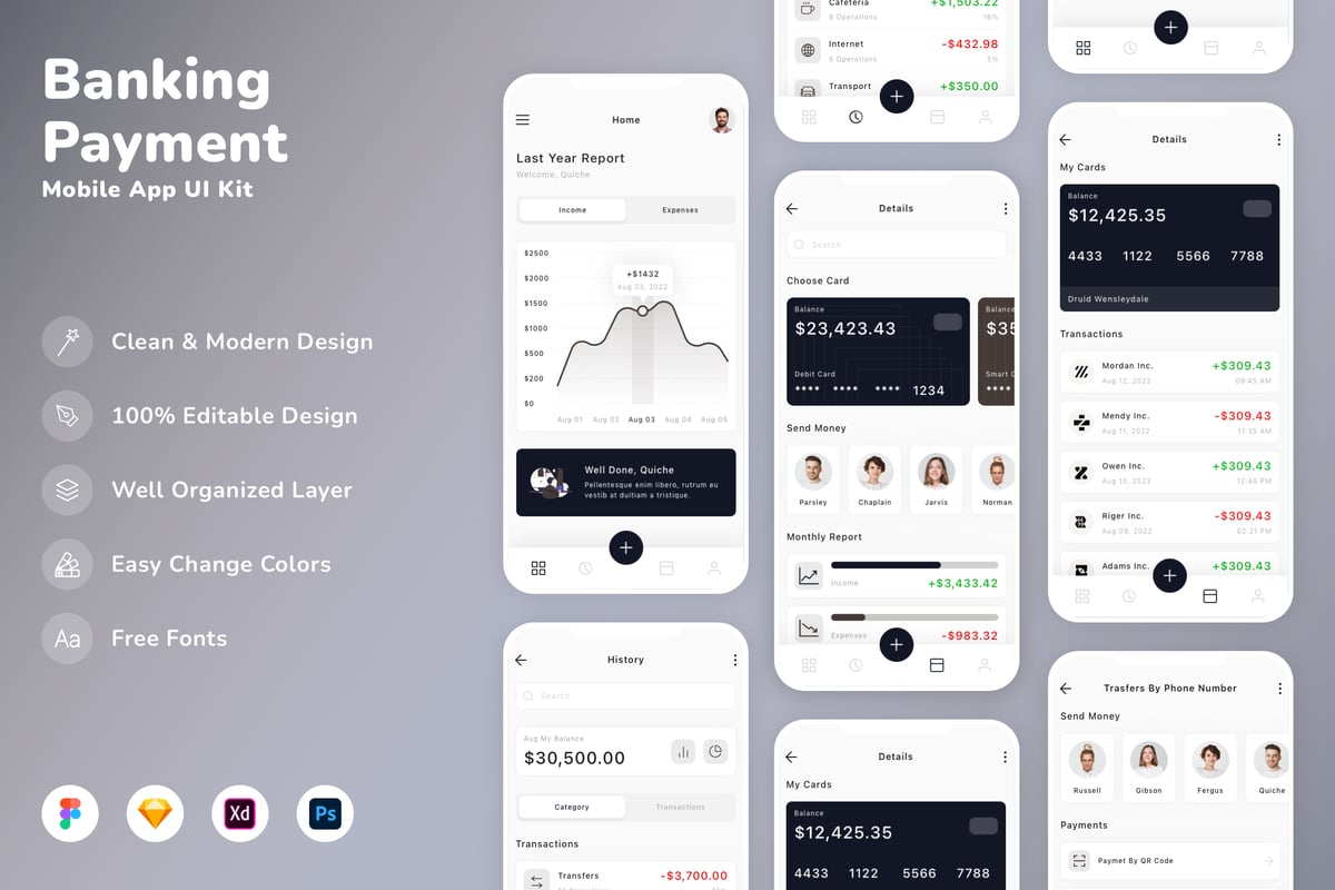 银行和付款移动应用APP UI KIT (SKETCH,FIG,XD,PSD)