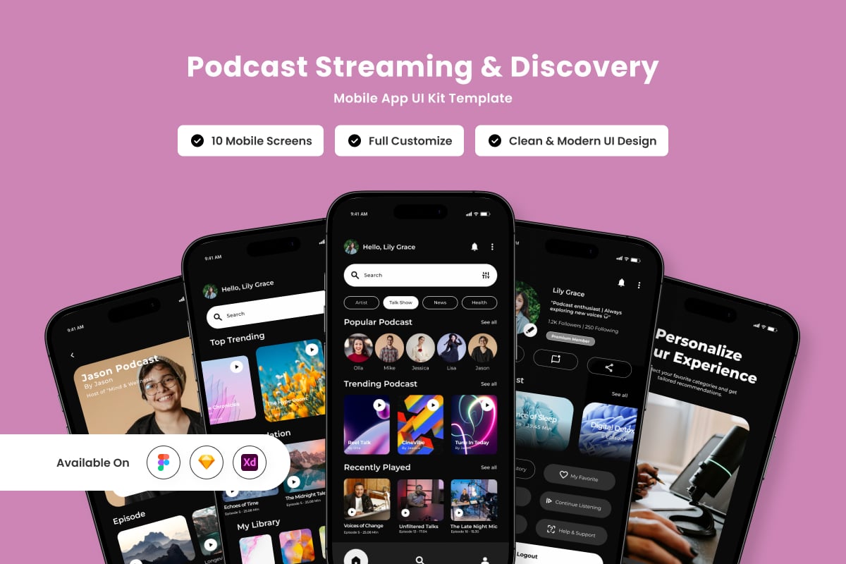 现代播客应用APP UI KIT (FIG,SKETCH,XD)