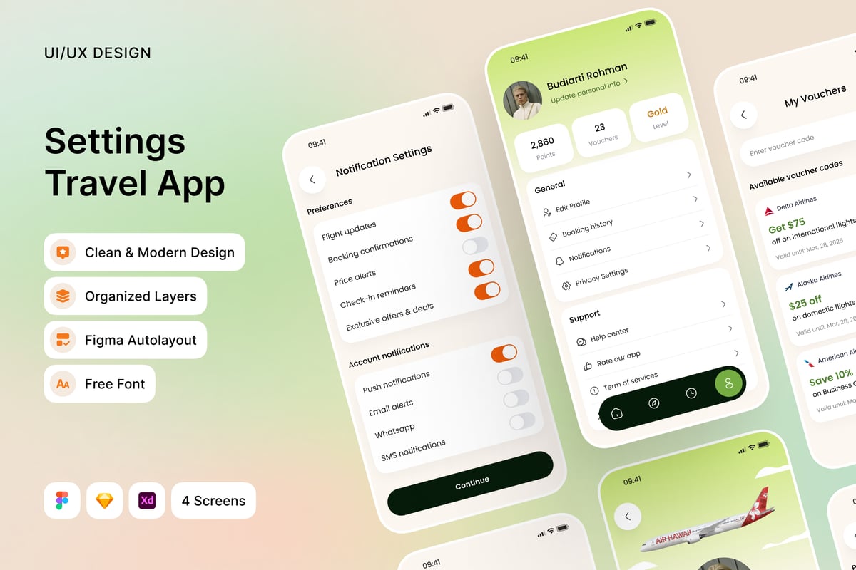 个人资料和设置旅行应用APP UI KIT (FIG,SKETCH,XD)