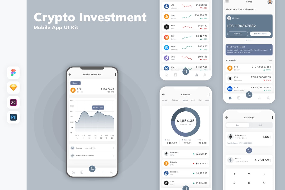 加密投资移动应用APP UI KIT (SKETCH,FIG,XD,PSD)
