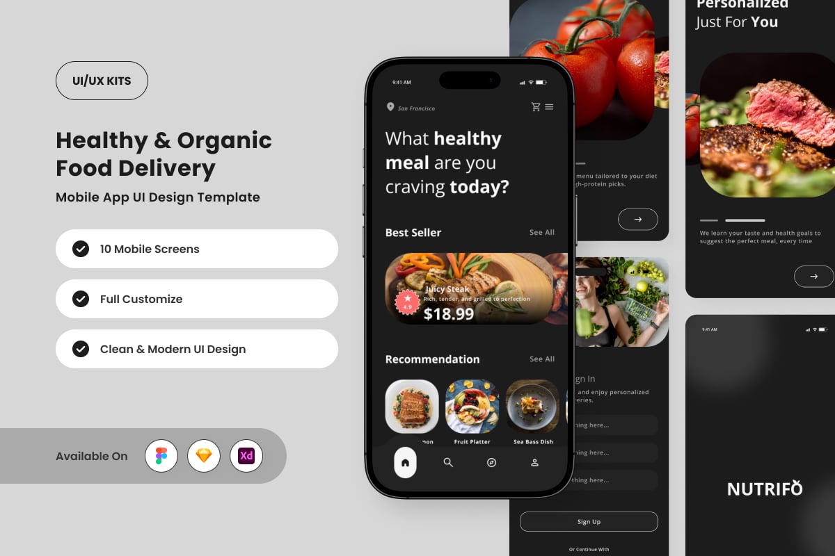 健康食品递送应用APP UI KIT (FIG,SKETCH,XD)