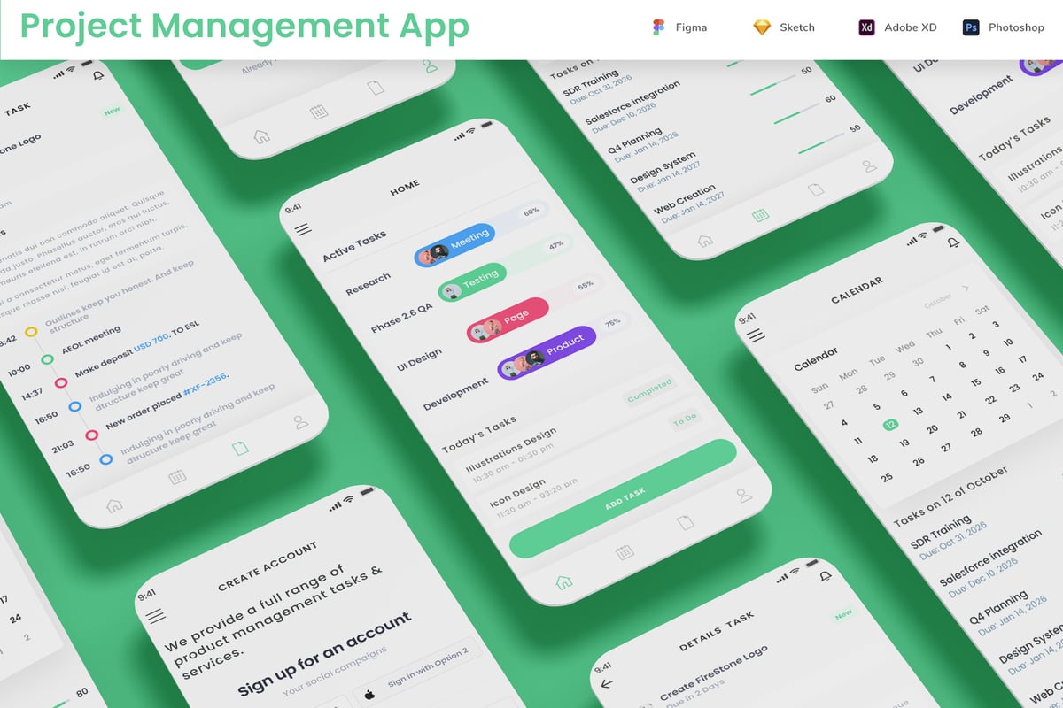 项目和任务管理和日历工作计划应用APP UI KIT (FIG,SKETCH,PSD,XD,SVG)