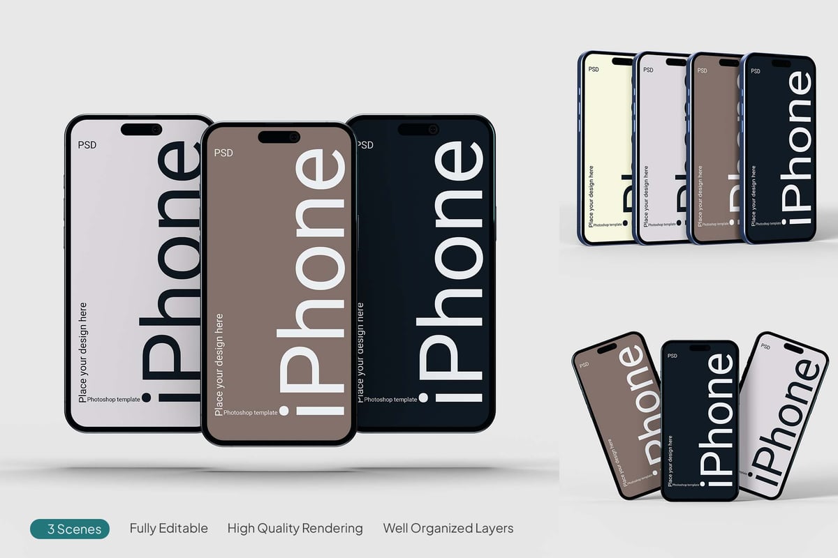 iPhone 16屏幕模型卷样机 (PSD,PDF)
