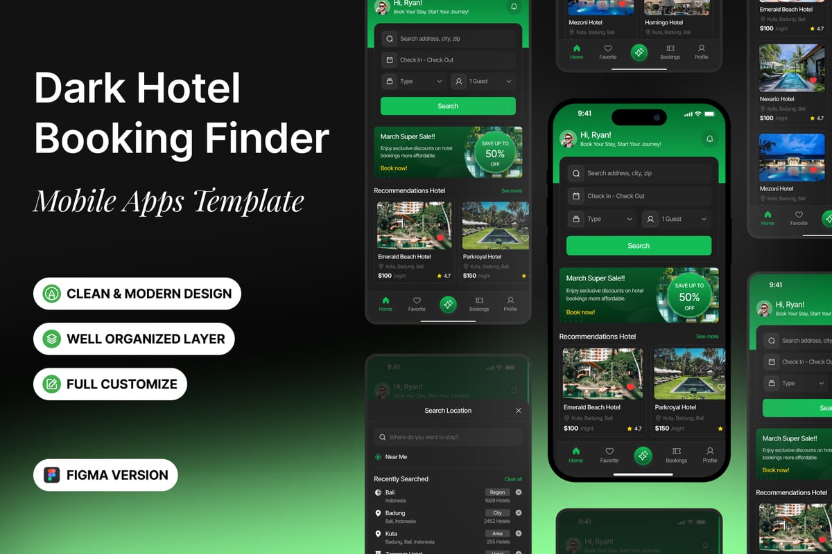 酒店预订Finder 移动应用（暗黑风格）APP UI KIT (FIG)