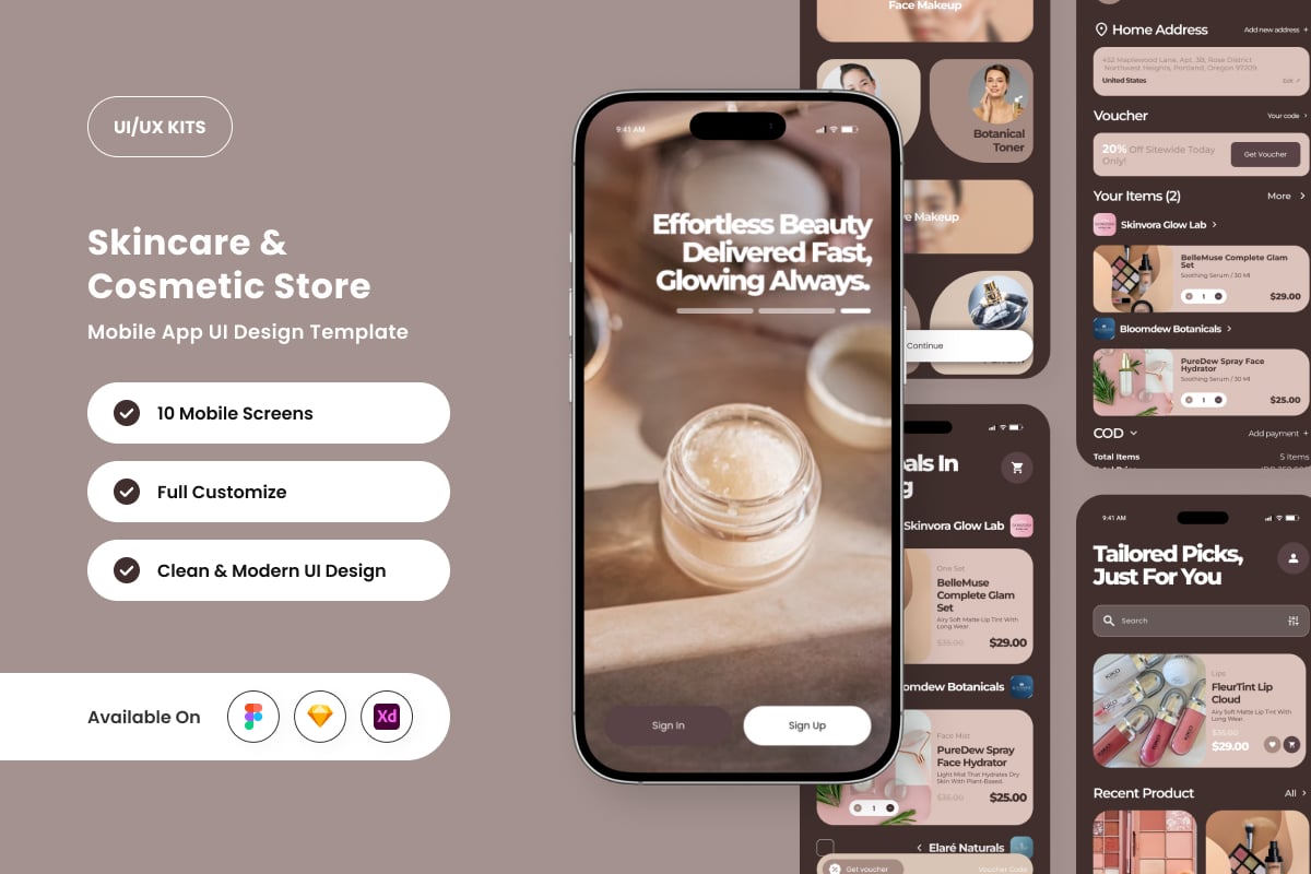 护肤购物应用APP UI KIT (FIG,SKETCH,XD)