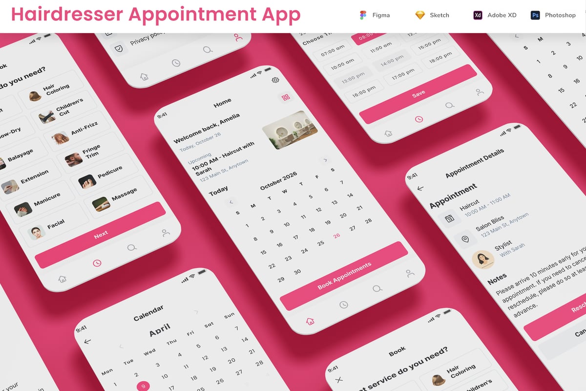 美发师预约沙龙预订时间表应用APP UI KIT (FIG,SKETCH,XD,SVG,PSD)