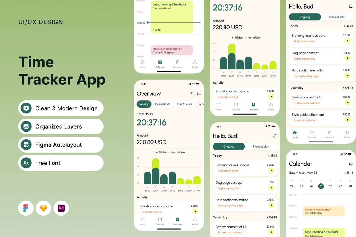UI时间跟踪器应用APP UI KIT (FIG,SKETCH,XD)