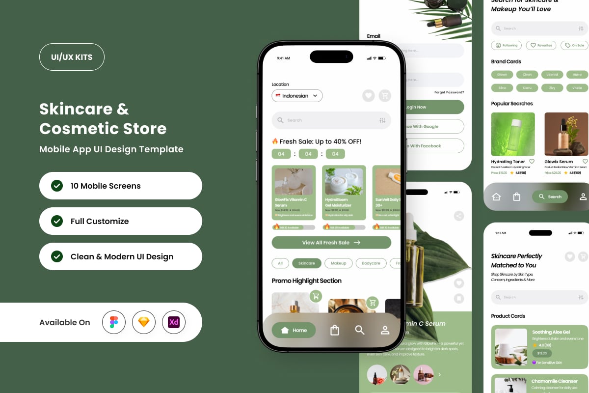 Glowra - 化妆品商店应用APP UI KIT (FIG,SKETCH,XD)