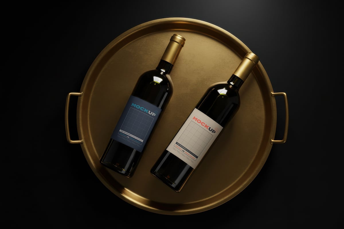 金牌标签模型上的葡萄酒瓶样机 (PSD)