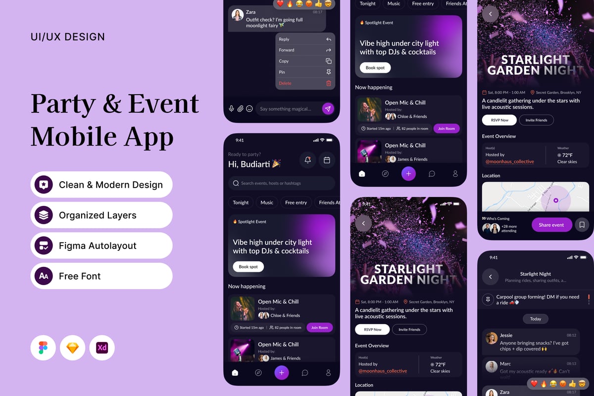派对与活动移动应用APP UI KIT (FIG,SKETCH,XD)