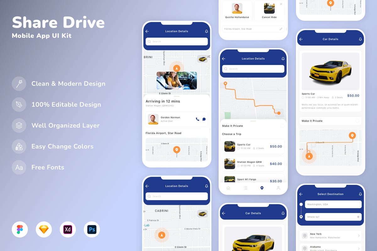 共享汽车移动应用APP UI KIT (SKETCH,FIG,XD)