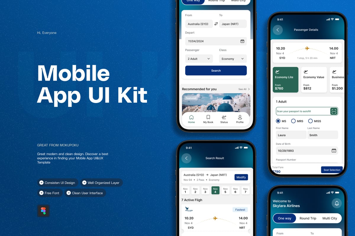 航空公司机票预订 - 移动应用APP UI KIT (FIG)