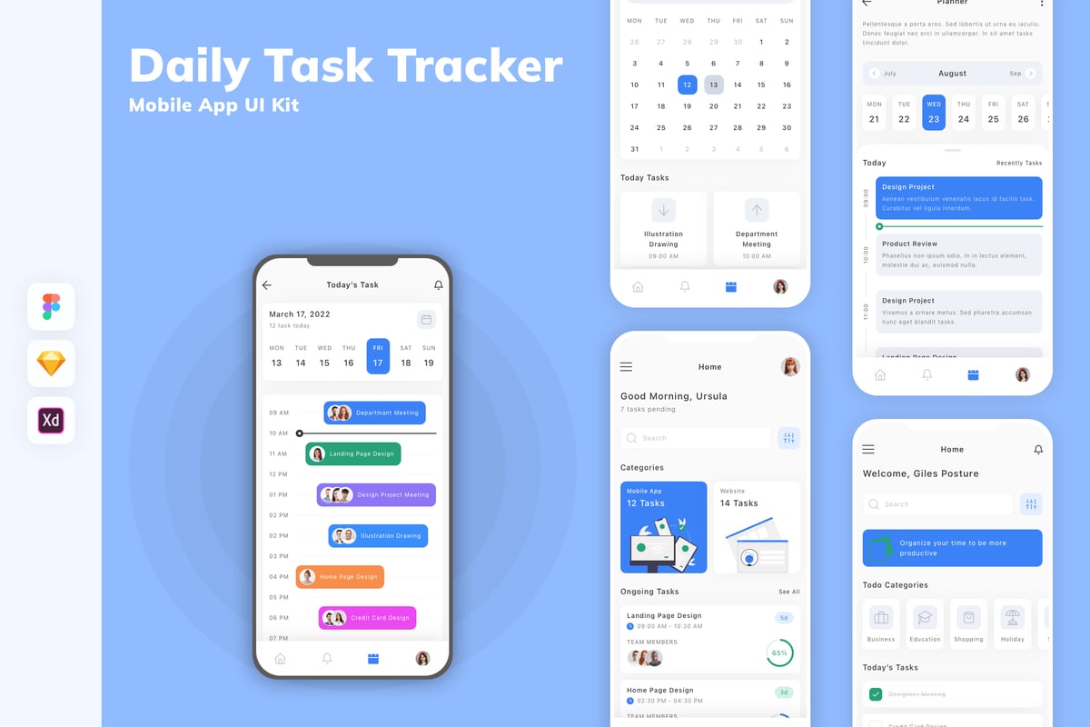 每日任务跟踪器移动应用APP UI KIT (SKETCH,FIG,XD)