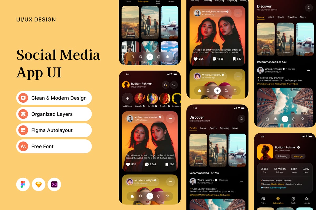 社交媒体应用APP UI KIT (FIG,SKETCH,XD)