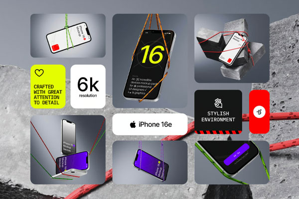 捆绑广告创意的iPhone 16e手机样机合集（PSD,Fig,Sketch）