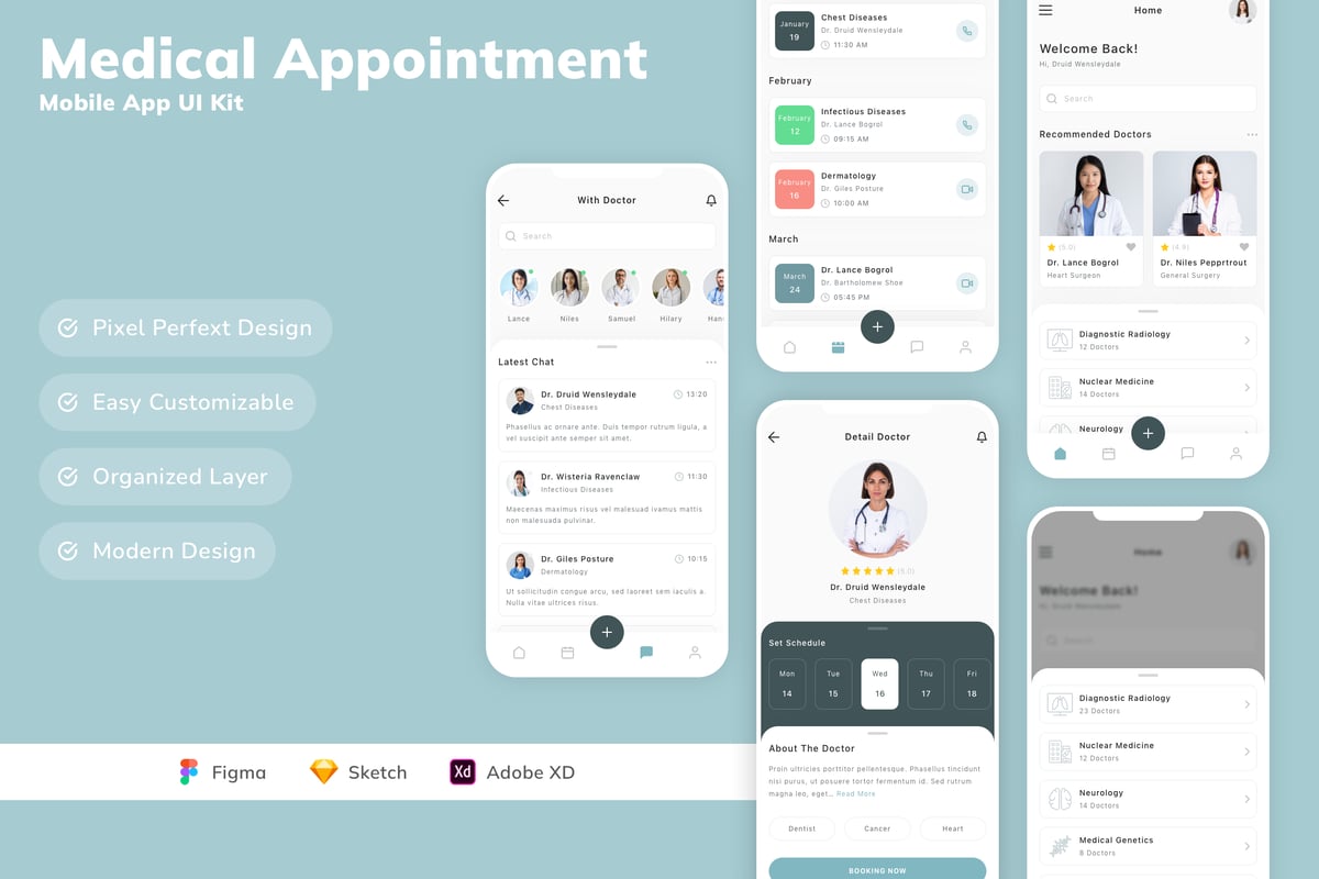 医疗预约移动应用APP UI kit (SKETCH,FIG,XD)
