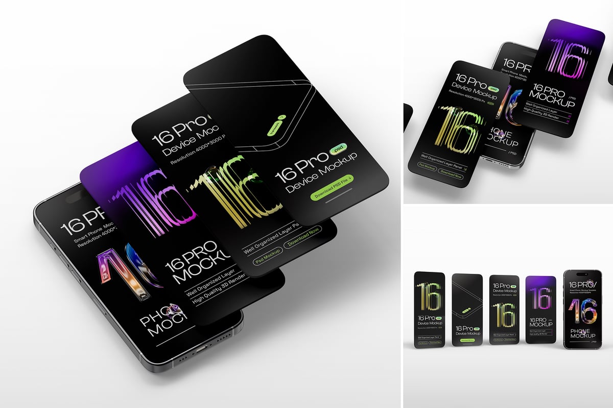 iPhone 16 Pro手机模型集样机 (PSD)