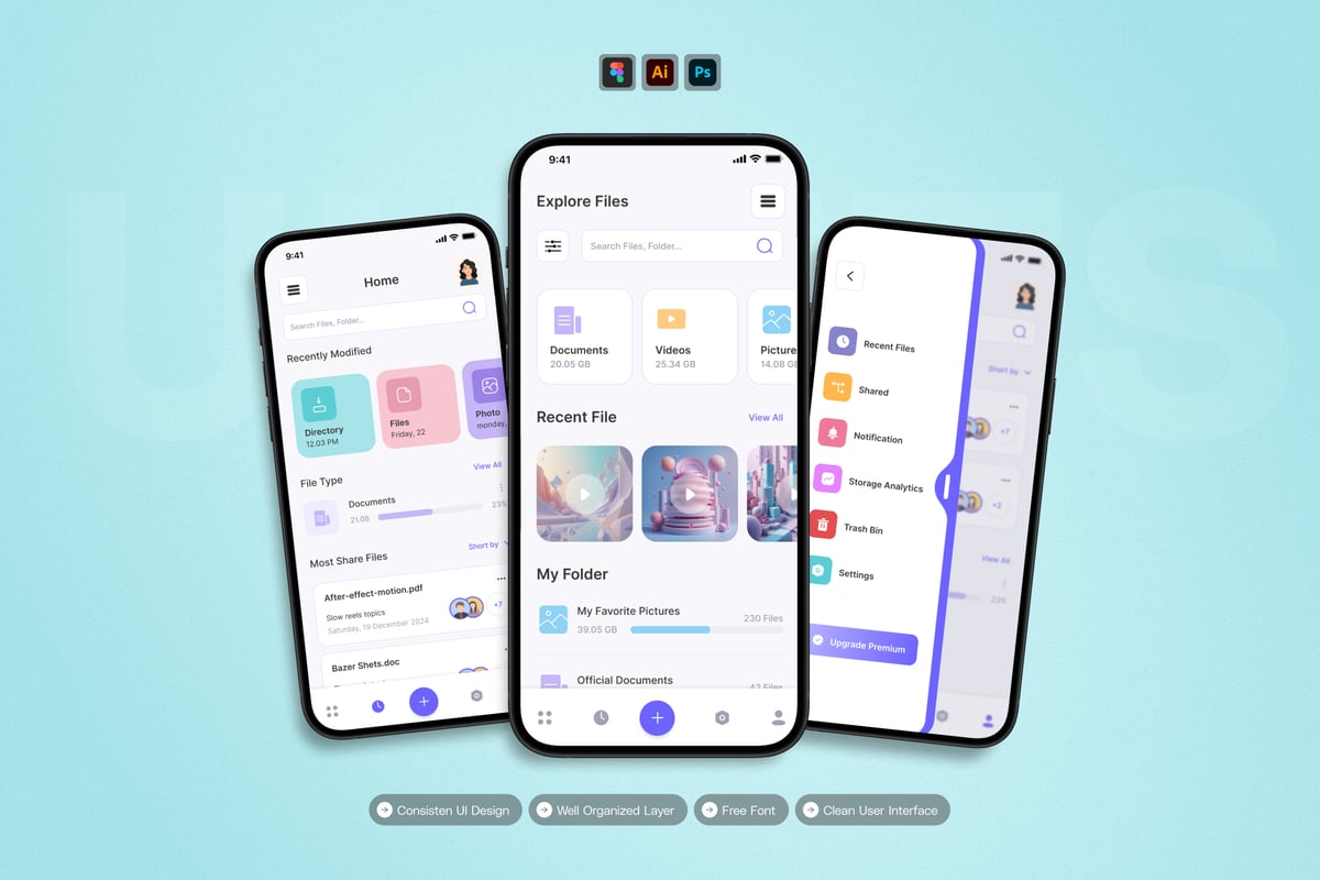 云存储 - 移动应用APP UI KIT (AI,FIG,EPS,PSD)