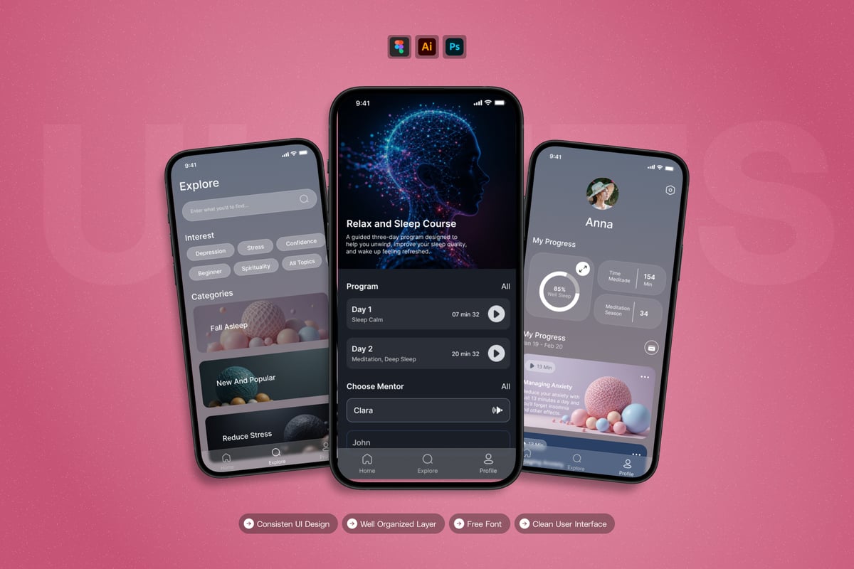 冥想 - 移动应用APP UI KIT (AI,EPS,PSD,FIG)