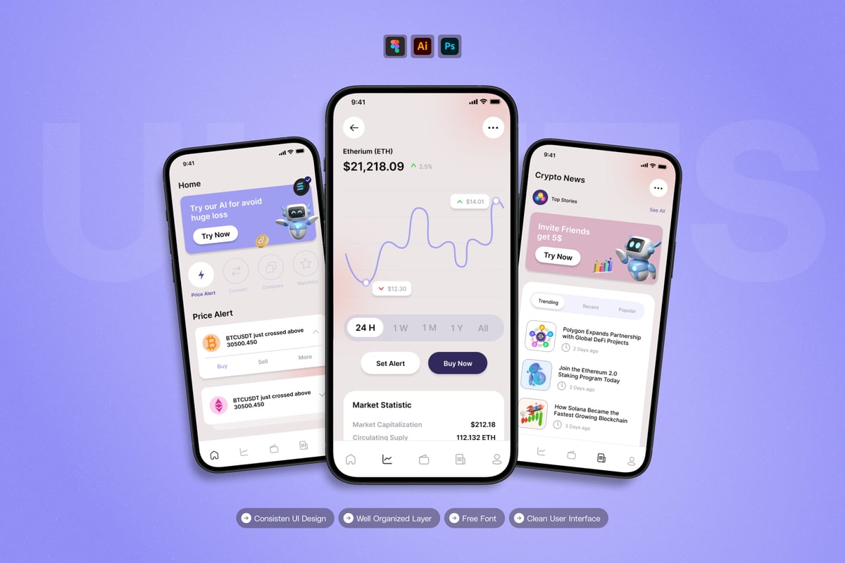 智能钱包 - 移动应用APP UI KIT (AI,EPS,PSD,FIG)