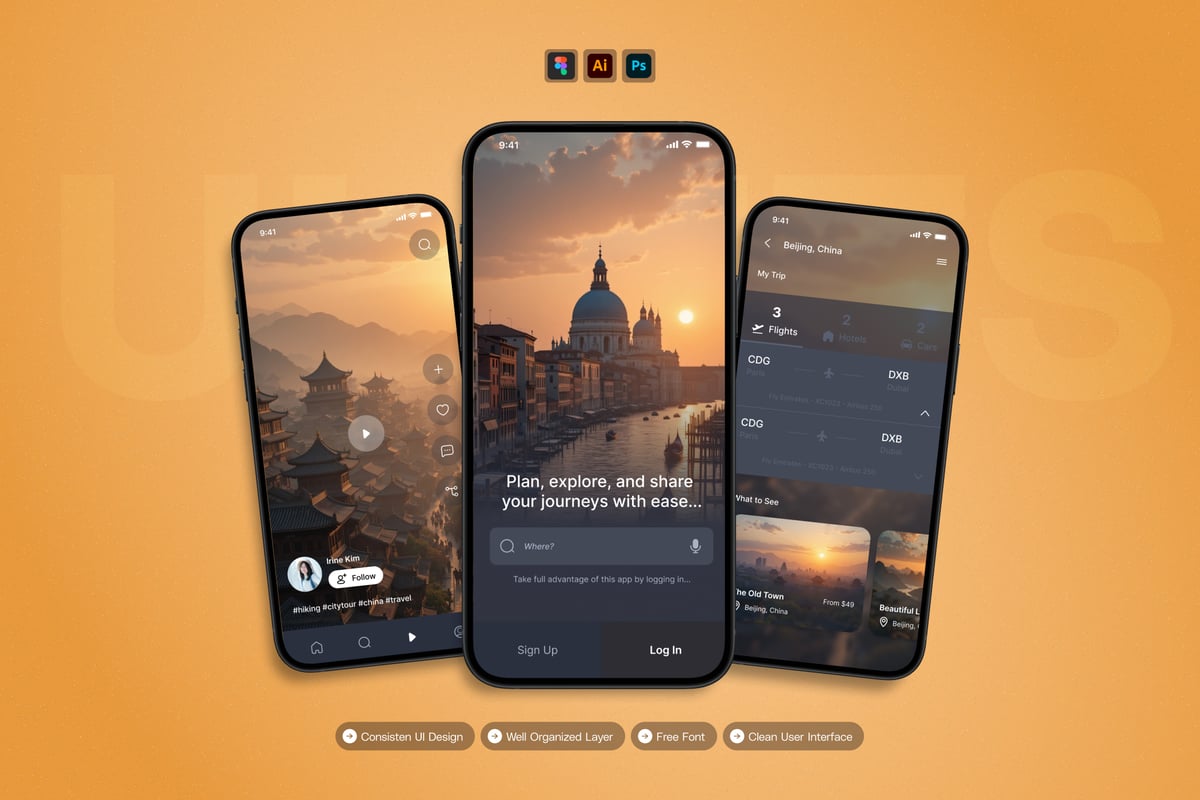 旅行指南 - 移动应用APP UI KIT (AI,EPS,PSD,FIG)