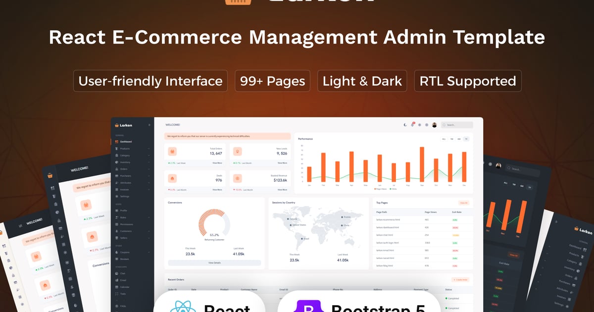 Larkon – React 电子商务管理仪表板模板