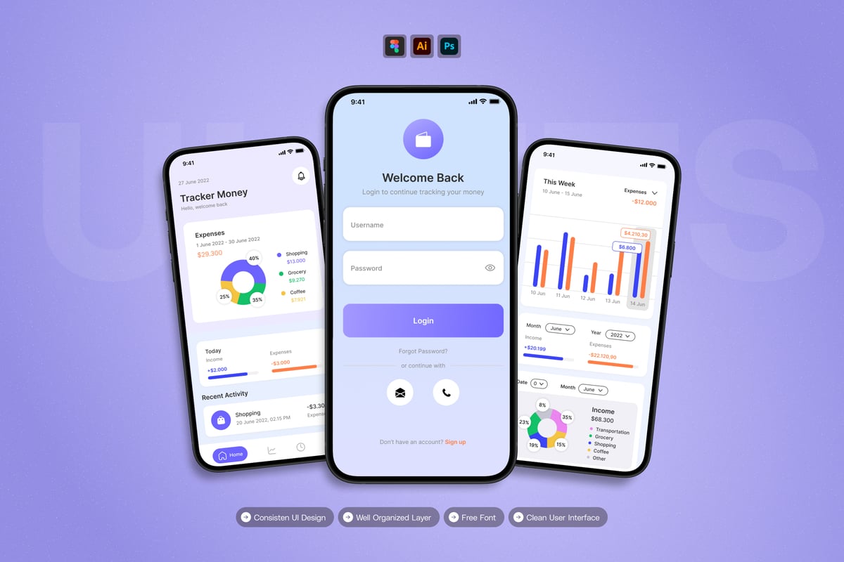 货币追踪器 - 移动应用APP UI KIT (AI,EPS,PSD,FIG)