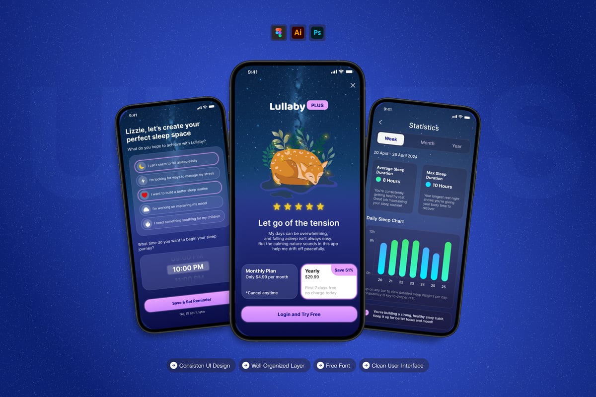睡眠冥想 - 移动应用APP UI KIT (AI,EPS,FIG,PSD)