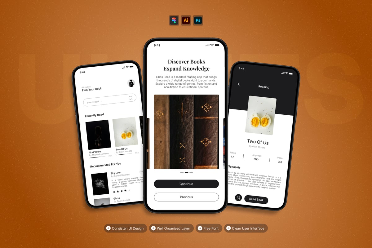 书籍库 - 移动应用APP UI KIT (AI,EPS,PSD,FIG)