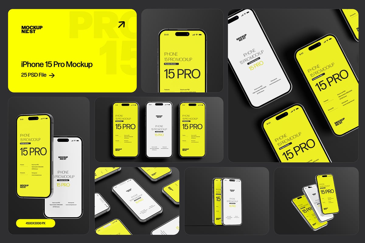 iPhone 15 Pro手机模型集样机 (PSD)