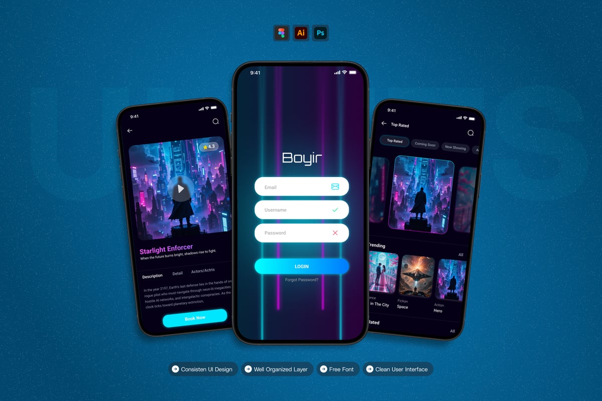 电影预订 - 移动应用APP UI KIT (AI,EPS,PSD,FIG)
