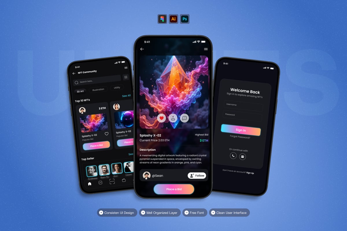 NFT市场 - 移动应用APP UI KIT (AI,EPS,PSD,FIG)