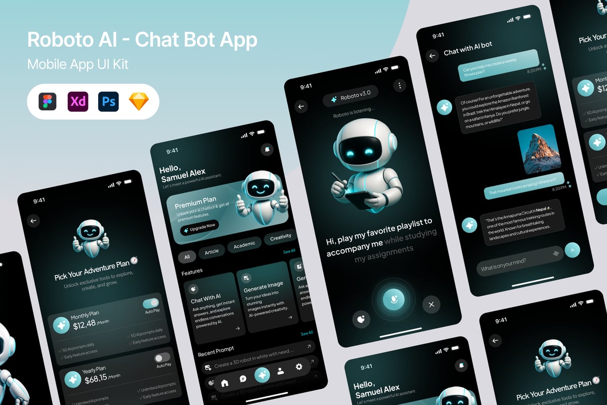 AI - 聊天机器人应用APP UI KIT (FIG,PSD,SKETCH,XD)