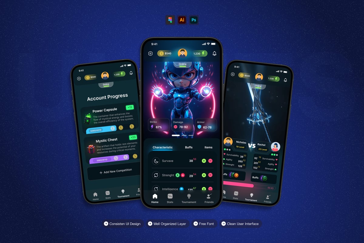 战斗游戏 - 移动应用APP UI KIT (AI,EPS,PSD,FIG)