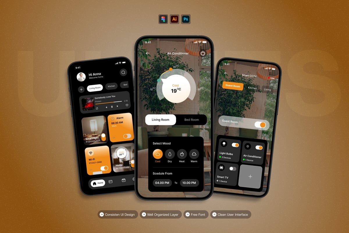 智能家居 - 移动应用APP UI KIT (AI,EPS,PSD,FIG)