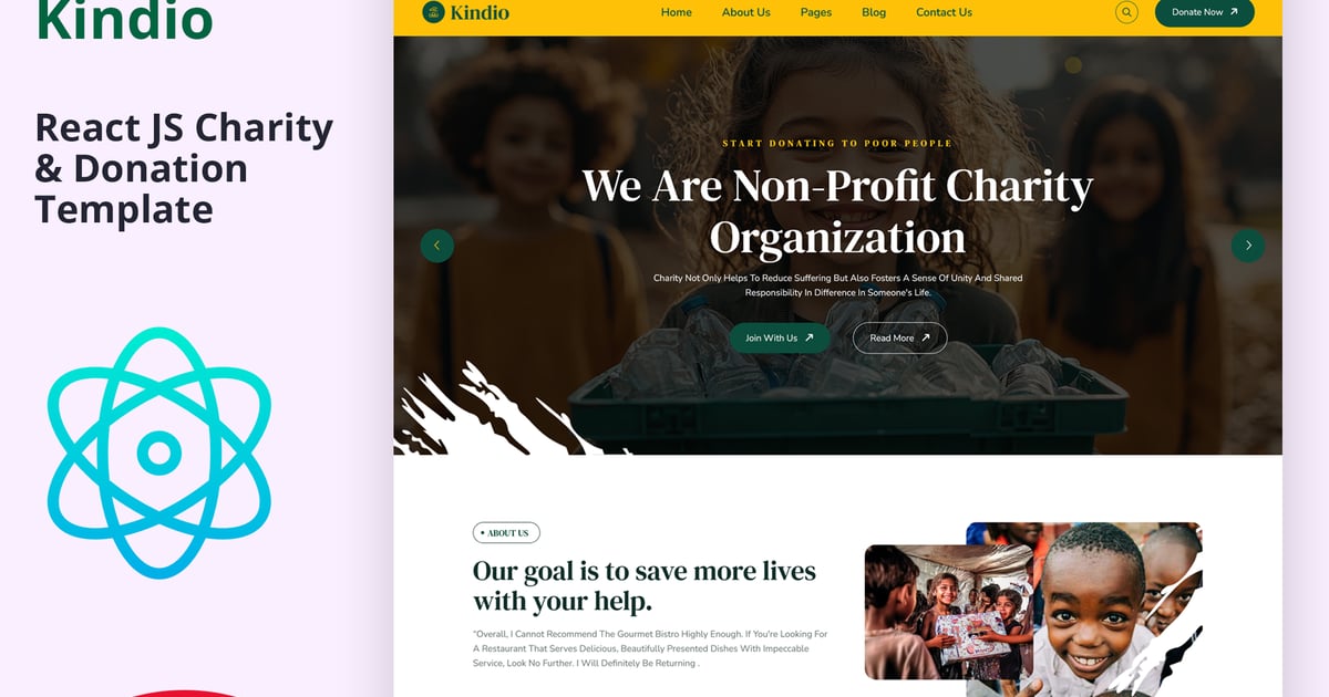 Kindio – React JS 慈善和捐赠模板