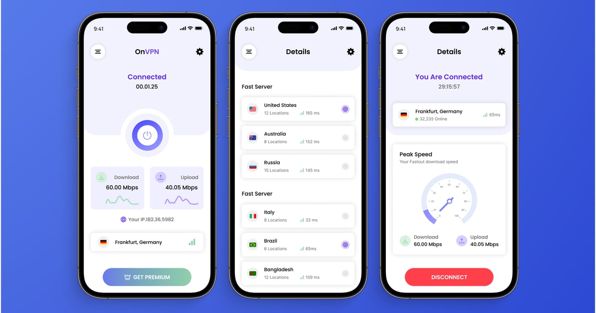 网络速度分析器和 VPN – 移动应用 UI 套件