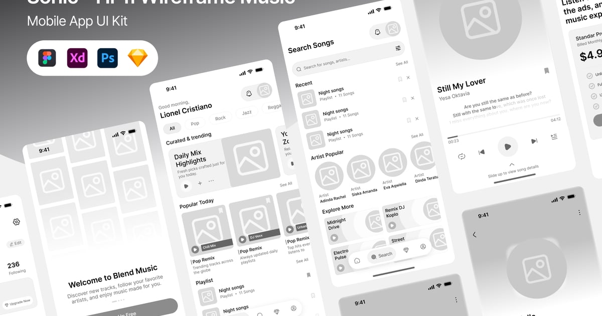 Sonic – 高保真线框图音乐 UI UX 套件