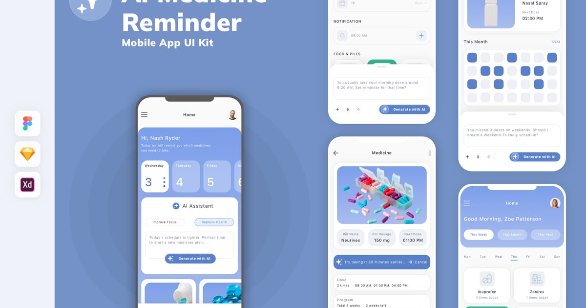 AI 用药提醒移动应用 UI 套件