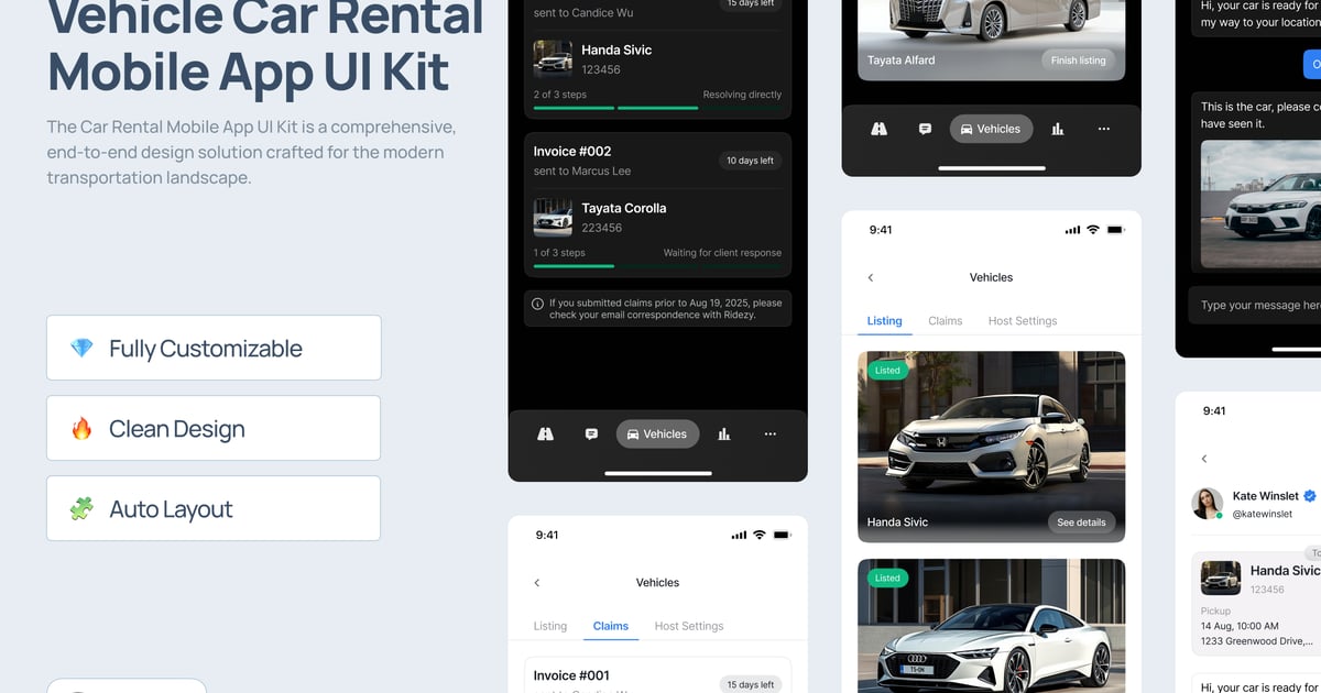 车辆租赁移动应用 UI 套件 – Ridezy