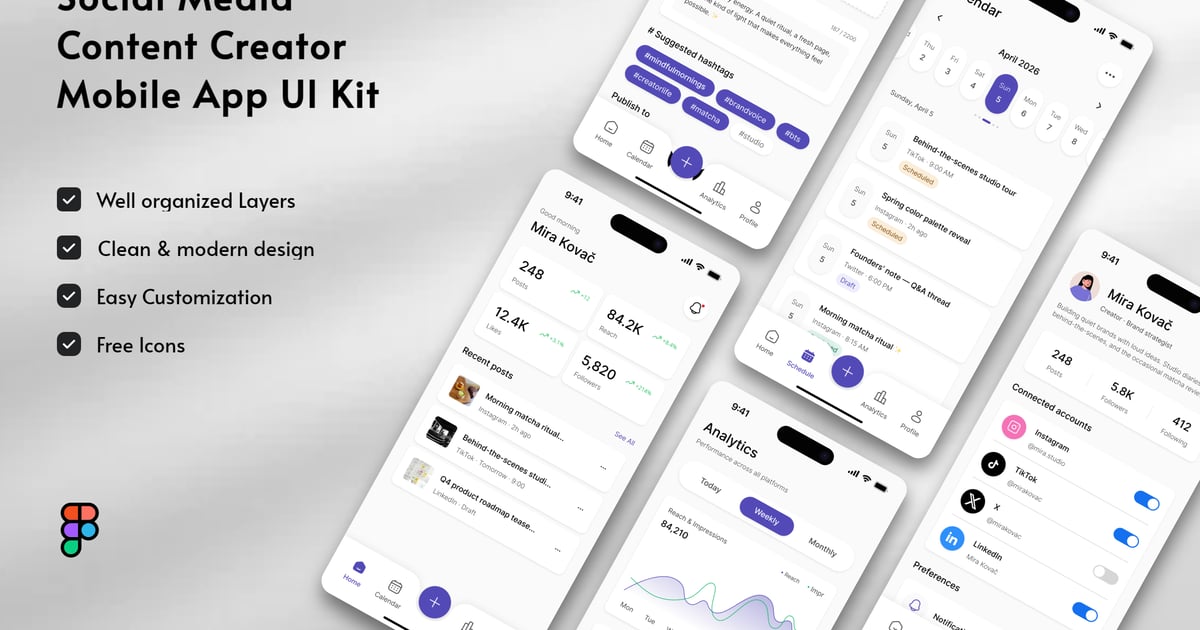 社交媒体内容创作者移动应用 UI 套件