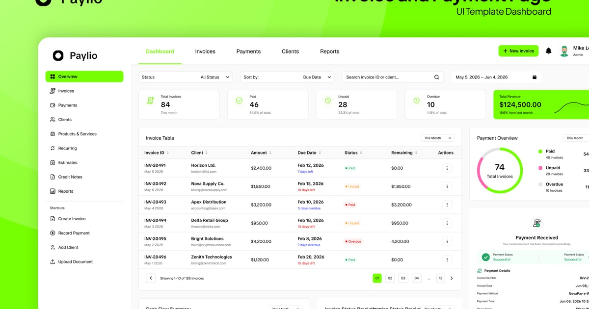 Paylio – 发票和支付页面仪表盘